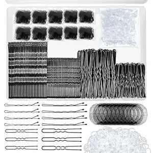 510PCS Black Bobby Pins Hair Pins Kit with Hair Net, YINGFENG Includes 100 Bobby Pins for Women, 100 U-Shaped Buns Hair Clips, 300 Hair Bands and 10 Black Hair Nets, Dance competition must haves