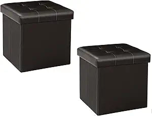 B FSOBEIIALEO Storage Ottoman Small Cube Foot Rest Seat Faux Leather, Brown 12.6"X12.6"X12.6" (2 Pack)