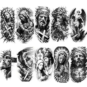 Religious Temporary Tattoo 10 Sheets, Jesus, Virgin Mary, Angel Designs, Half Sleeve for Men and Women, Waterproof, 6.7x4 Inch���roarhowl t