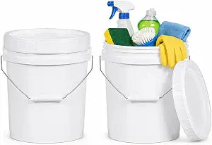 ASEVAT 2 Pack 1.3 Gallon White Plastic Bucket with Standard Screw Lid & Metal Wire Handle, Heavy Duty Sealed Multipurpose Pail for Dry Foods, Cleaning Goods & Household Storage