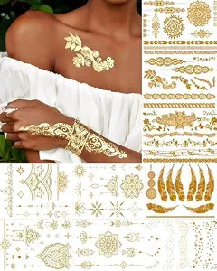 9 Sheets Gold Metallic Temporary Tattoos Metallic Tattoos Fake Tattoos