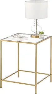 mDesign Glass Top Side/End Table - Small Minimalistic Square Geometric Accent Metal Nightstand Furniture for Living Room, Dorm, Home Office, and Bedroom - Soft Brass