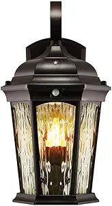 Euri Lighting EFL-130W-MD Flickering Flame Porch Light, Water Glass, with Integrated Security Light (3000K), Motion-Sensor, Dusk-to-Dawn, Oil Rubbed Bronze Housing