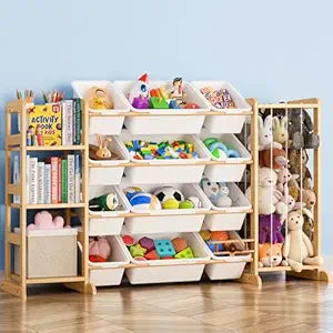 Toy Storage Organizer with Bookshelf and Stuffed Animal Storage - Kids Playroom Organization with Shelves and 12 Toy Bins - Toddler Living Room Toy Box for Lego - Nursery Bedroom Decor Essential