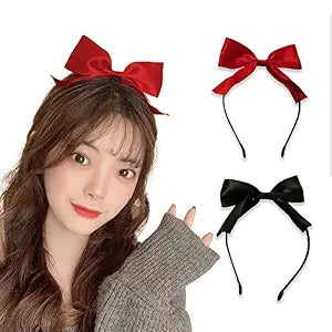 Kilener Bow Headband Hairband for Women Girls - Handmade Bows Head Band, 2 Pack - Red and Black Bowknots, Hair Hoop, Hair Ornament for Washing Face, Makeup, Party, Daily Wear