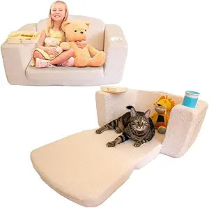 Extra Wide Toddler Lounge Chair with Built-in Cup Holders Convertible 2-in-1 Kids Couch and Fold Out Bed, Baby Sofa, Comfy Toddler Couch Chair, Furniture & Nap Lounger