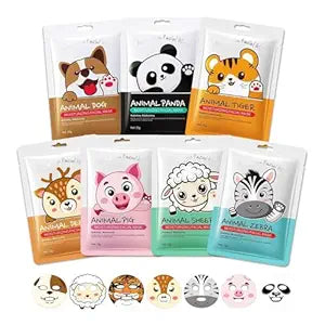7 Packs Cute Animal Character Design Facial Masks, Deep Hydrating Spa Masks for All Skin Types, Gift for Kids' Birthday Party, Girl's Night, Enjoy Skincare Life
