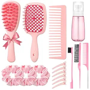 auroray 16 Pcs Pink Hair Brush Set for Women Girls - Scalp Scrubber with Handle, Detangle Hair Brush, Spray Bottle, Edge Bristles Wide Tooth Brushes Rat Tail Comb for Travel Home Use Hair Stuff