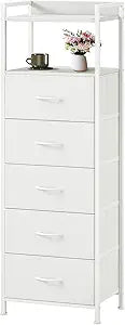Somdot Tall Dresser for Bedroom, 5 Drawers Nightstand Vertical Storage Tower Unit, Night Stand Furniture with Fabric Drawer Organizer in Bedside Hallway, Entryway, Kids Room, Closet, White Leather