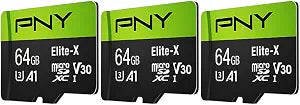 PNY 64GB Elite-X Class 10 U3 V30 A1 microSDXC Flash Memory Card 3-Pack