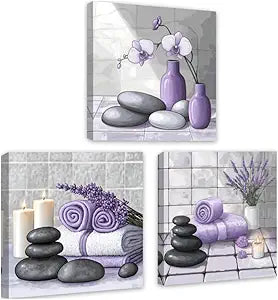 DOARTDO 3 Piece Canvas Wall Art Zen Spa Themed Bathroom Wall Decor Zen Stones Painting with Candles Towels Lavender Orchids Prints Home Office Decor Framed (Purple, (12"x12"x3 Pieces))