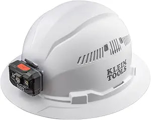 Klein Tools 60407RL Hard Hat, Rechargeable Headlamp, Vented, Full Brim Style, Padded Self-Wicking Odor-Resistant Sweatband, White