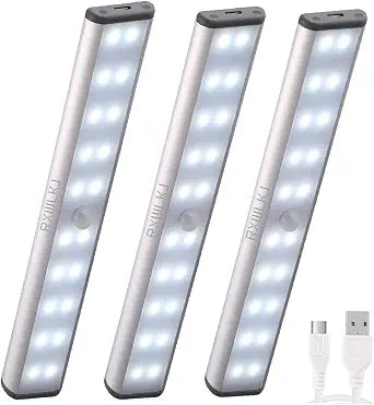 RXWLKJ Rechargeable Motion Sensor Led Lights Under Counter Closet Lighting Battery Operated Light Kitchen 20-Led Under Cabinet Lighting Closet Light Stick On Lights Wireless Night Light (3 Pack)
