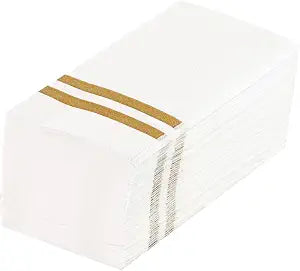 Restaurantware-Luxenap 15.8 X 7.9 Inch Linen-Feel Guest Towels, 50 Gold Striped Hand Towels - Fold, airlaid, White Paper Dinner Napkins, Disposable, For Restrooms, Kitchens, And Tables