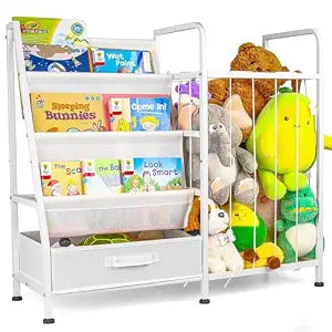 Kids Bookshelf & Stuffed Animal Storage Large White 3-Tier Book Display Rack with Sling Shelves & Fabric Toy Chest | Toy Organizer for Playrooms, Bedrooms, Nurseries