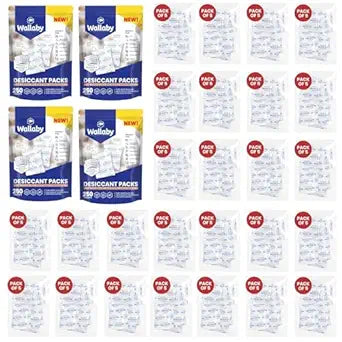 Wallaby 2 gram (1,000 Packets) Food Safe Pure White Silica Gel Desiccant Dehumidifier Packs - Rechargeable & Coated Moisture Absorbers - Protects Against Moisture Damage - (Packed in 200x Sets of 5)