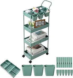 danpinera Slim Storage Cart on Wheels, 4 Tier Narrow Laundry Cart with Hooks Hanging Cups Dividers Mobile Rolling Lash Cart with Handle for Bathroom Small Spaces, Green