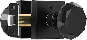 Glass Crystal Door Knobs Interior with Lock, Matte Black Modern Diamond Privacy Square Glass Door Knobs for Bedroom and Bathroom