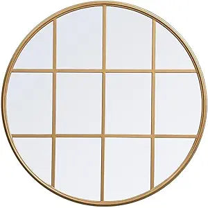 Elegant Decor Motif 32" Round Mid Century Metal Windowpane Frame Mirror in Brass
