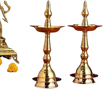 Hastha Kalalu Traditional Kerala Samai Brass Diya Pair (8 Inch) Exquisite Oil , Deepam for Pooja Mandir Diwali Indian Puja wedding Festivals & Home Decor |Set of 2, Large, Gold