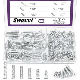 Swpeet 140Pcs 6Sizes Silver Cross Flat Head Euro Screws Kit, Phillips Countersunk Furniture Euro Screw, Drawer Slide Rail Euro Screw, Pozi Drive Euro Screws Compatible with IKEA Furniture Parts