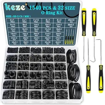 KEZE 32 Size 1540 Pcs Rubber O Rings Assortment Kit with Pick and Hook Set for Assorted Faucet Plumbing Pressure Washer Automotive Repair,Air or Gas Sealing Connections O Ring OD:4mm-50mm