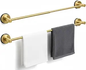 Suction Cup Towel Bar 17-28 Inch Adjustable Retractable Stainless Steel Towel Rack for Bathroom, RV & Renters - No Drill Heavy Duty Wall Mounted Holder, Removable for Glass & Tile (2, Golden)