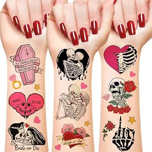 192 PCS Til Death Do Us Temporary Tattoos Stickers Gothic Halloween Sticker for Bridal Shower Supplies Bride or Die Bachelorette Party Decorations Gifts Ideal Prizes Valentine (16 Sheet)
