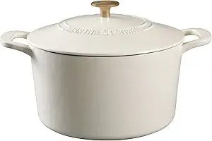MARTHA STEWART Gatwick 7-Quart Enamel Cast Iron Dutch Oven Linen White With Gold Heavy-Duty Dutch Oven for Slow Cooking, Braising & Baking