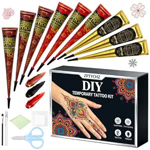 9PCS Temporary Tattoos Kit, 3 Color (Reddish Brown, Black, Cherry Red)
