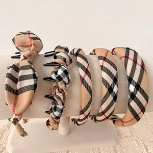 LONEEDY 5PCS Plaid Padded Headband for Women Teen Girls,Vintage Cotton Bow Headbands with Teeth Comb, Zig Zag Hairbands