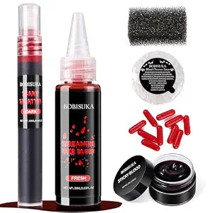 Halloween Fake Blood SFX Makeup Kit ��������� Realistic Liquid Spray, Dripping Blood, Coagulated Gel, Capsules, Sponge & Soap ��������� Washable Special