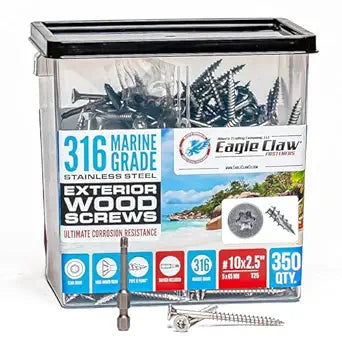 Allen's Trading Co. #10 x 2.5 Inch 316 Stainless Steel Screws Marine Grade (350 Pack, T25 Star) | Stainless Steel Wood Screws w/Driver Bit | High Corrosion Resistance for Coastal Construction