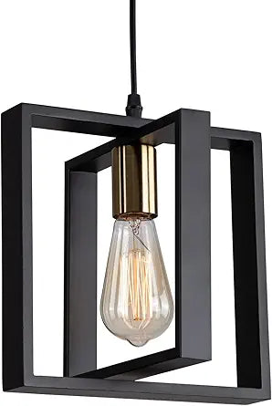 Farmhouse Small Pendant Light Fixture,Kitchen Island Hanging Lamp with Cord, Black+Gold Finish, Wood Frame Chandelier for Hallway Entryway Closet Bedroom,9.5 Inch,E26.