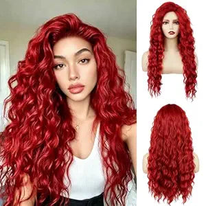 Long Red Curly Wavy Wig for Women Natural Fluffy Synthetic Hair for Costume Cosplay Halloween Party