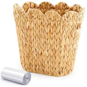 Ctosree 3.9 Gallons Scallop Shaped Woven Trash Can Wicker Waste Basket with Handles, Wicker Trash Can with 50 Small Garbage Bags for Home Bathroom, Office Kitchen, 12.6 x 11.8 x 7.09 Inch