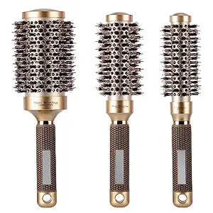 3 Pcs Boar Bristle Round Brush for Blow Drying, Nano Thermal Ceramic and Ionic Tech Hair Brush for Curling and Straightening - Large,Medium and Small Round Brushes