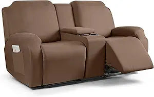 TAOCOCO Stretch Recliner Loveseat Covers with Console 4 Piece Recliner Chair Covers Polyester Soft Recliner Covers Washable Furniture Protector (Light Coffee, 2 Seater with Console Cover)
