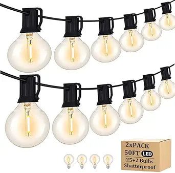 100FT Outdoor Patio Black String Lights with 52 Shatterproof G40 LED Clear Globe Bulbs for Indoor/Outdoor, 2-Pack 50FT Connectable Hanging Lights for Backyard Balcony Party Decor
