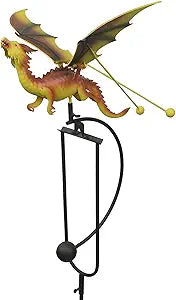 Red Carpet Studios Outdoor Sculpture - Balancing Kinetic Garden Stake Rocker, 50.25" Tall, Yellow Dragon