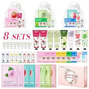 48 Pcs Bulk Gifts for Women, Hand Cream, Bulk Lip Balm, Under Eye Patches & Facial Mask Set with Organza Bag, Bridal Shower Gift, Party Favors for Adults, Mothers Day Gift Bulk, Thank You Gifts Bulk