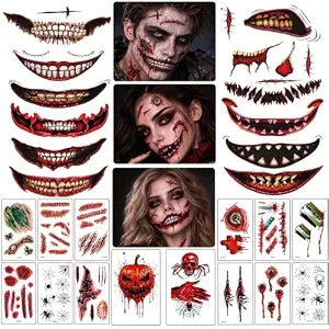 Halloween Zombie SFX Temporary Tattoos 26PCS Scary Fake Scar Mouth Stickers