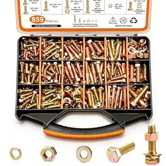 859PCS Grade 8 SAE Bolt Assortment Kit with Storage Box, Heavy-Duty Yellow Zinc Plated Alloy Steel Hex Bolt Set, Nuts with Flat & Lock Washers (1/4-20,5/16-18,3/8-16,1/2-13) for Home Improvement