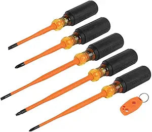 Klein Tools 33736INS Insulated Screwdriver Set, Made in USA, 1000V Slim-Tip Driver with Phillips, Cabinet and Square Bits and a Magnetizer, 6-Piece