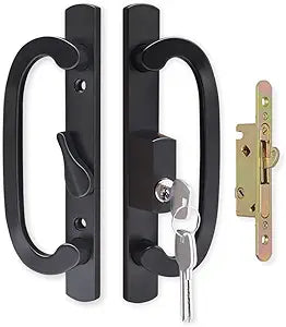 Sliding Glass Door Handle Set Replacement with Keyed Lock, 3-15/16" Screw Hole Spacing, Reversible Non-Handed Patio Door Handles, Aluminum Pull, Fits 1-3/8" to 2" Thick Doors (Black, No Keeper)