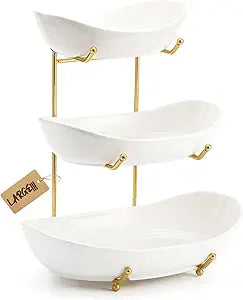 Large Size 3 Tier Ceramic Fruit Bowl,13.4, 11 and 9.1 inch PlateMore Storage Space, Golden Metal Stand for Kitchen Counter,Porcelain Fruit Basket for Countertop, Snack, Nuts, Cake, Dessert - White