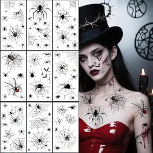 10 Sheets Scary Halloween Fake Tattoos - Fake Spider Decals Realistic Large 3D Spider Web Temporary Tattoos Makeup Kit For Women Adults, SpiderWeb Bat Fake Face Tattoos Sticker For Kids Men Adults