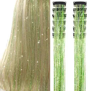 Hair Tinsel Pack of 12 Pcs Clip in Hair Tinsel 20 Inch Glitter Green Tinsel Green Hair Extensions, Festival Tinsel Fairy Hair Party Dazzle Hair Accessories Strands Kit(12Pcs,Grass Green#)