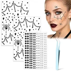 Spider Face Jewels 3D Spider Web Face Gems Stick on Halloween Face Makeup