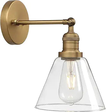 Phansthy Vintage Industrial Swing Arm Wall Sconce 180 Degree Adjustable, Cone Shaped Clear Glass Lampshade Wall Lamp, Vanity Wall Light Fixture for Bathroom Kitchen Bedroom (Antique - Swing arm)